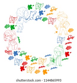 Children painting. School and kindergarten kids creative class. Education, play and grow together. Boys and girls drawing by pen and pencils. Playground.