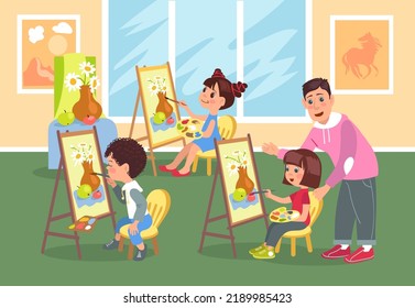 Niños pintando con el profesor. Estudiantes pequeños en clase de arte. Niños sentados en comadrejas. Niños y niñas dibujando con pinturas. Jóvenes artistas. Lección de creatividad