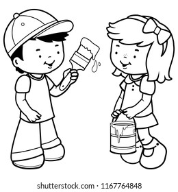 Children painting using a paint brush and a paint bucket. Vector black and white coloring page.