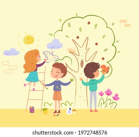 Children painting wall in kindergarten. Kids doing creative art with brushes vector illustration. Little happy boys and girl drawing tree, bird, squirrel with paint together.