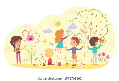 Children painting wall in kindergarten. Kids doing creative art with brushes vector illustration. Boys and girls drawing tree, clouds, sun, flowers, animals, bird with paint.