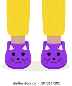 Children pajama slippers. Children feet in funny slippers. Pajama party.