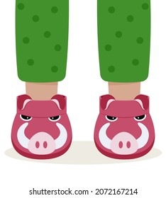 Children pajama slippers. Children feet in funny slippers. Pajama party.
