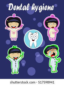 Children in pajamas brushing teeth before sleep. Oral hygiene. Cartoon character of boy and girl with toothbrush in his handa and with tooth in their hands. Easy to edit. Vector