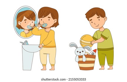 Children in pajamas brushing their teeth and storing toys preparing for sleep cartoon vector illustration
