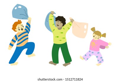 Children in pajamas fight pillows
