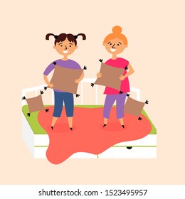 Children in pajamas jump on the bed with pillows. Pillow fight. Pajama party. Editable Vector Illustration