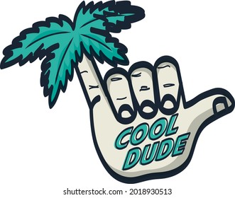 for children, with palm on pinky finger, tropical; cool dude, what's up, how's it going man etc. themed t-shirt or print design that can be used in various places.