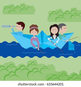 children in paper boat. Teamwork