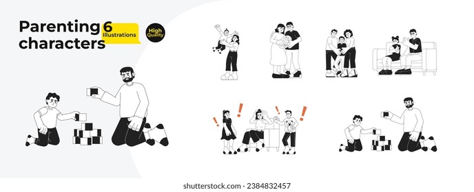 Children parenting black and white cartoon flat illustration bundle. Multicultural family linear 2D characters isolated. Motherhood parenthood challenges monochromatic vector image collection