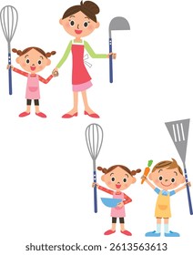 Children and parents cooking with cooking utensils