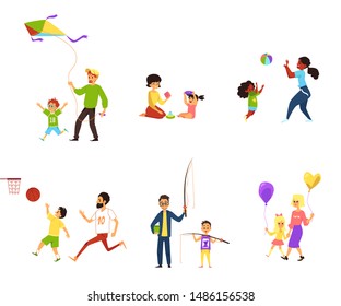 Children and parents, daughters and sons, mothers and fathers play together. Happy family with boys and girls, men and women. Isolated vector cartoon set of illustrations with playing kids.