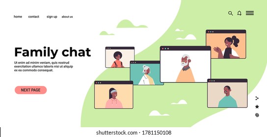 children parents and grandparents during video call family chat online communication concept african american people in web browser windows portrait horizontal copy space vector illustration