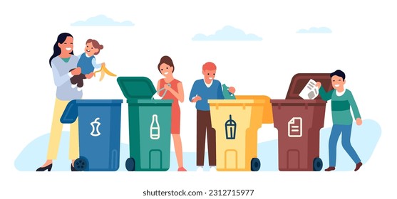 Children and parents learn to sort waste. People throw away garbage into trash cans for recycling. Rubbish utilization. Pollution disposal. Reuse separation containers