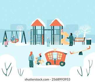 Children with parents on the playground in winter. Fun games outside. Gazebo-carriage, horse, fun slides, decorated Christmas tree, everything covered with snow. Flat vector illustration