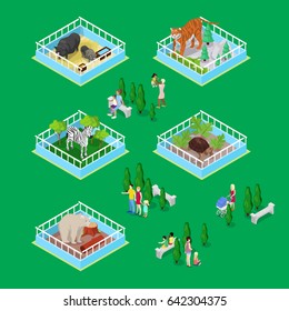 Children with Parents in Outdoor Zoo Park with Animals. Isometric vector flat 3d illustration