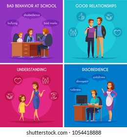 Children parents parenthood 2x2 design concept with flat cartoon style characters of kids in various situations vector illustration