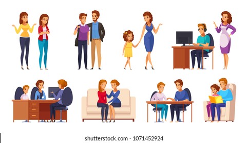 Children parents parenthood cartoon characters collection with kids and genitors human characters in different life situations vector illustration