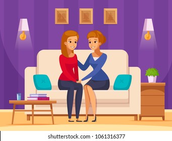 Children parents parenthood cartoon composition with domestic interior and flat characters of mother and teenage daughter vector illustration