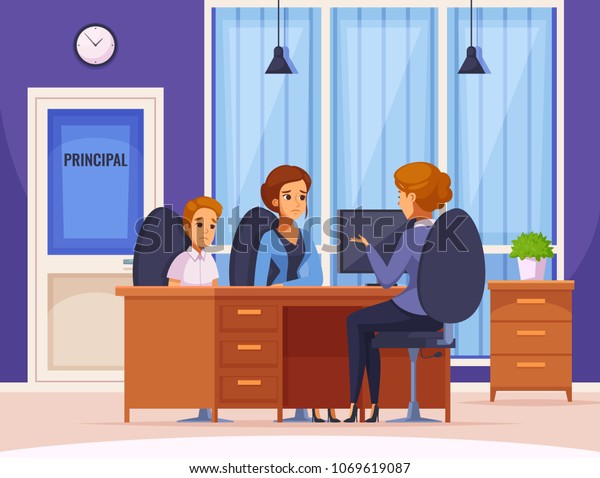 Children parents parenthood cartoon\
composition with headmaster office interior and human character of\
mother and child vector\
illustration