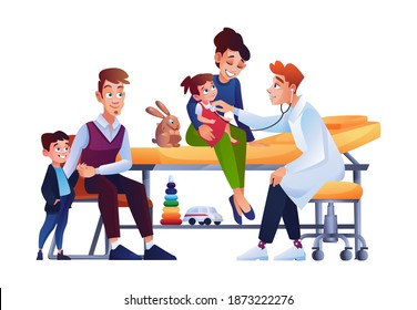 Children with parents at pediatrician appointment, mother with newborn girl sitting on medical care, father on chair with son waiting for doctors checkup. Toys for kids, checkup in clinic or hospital