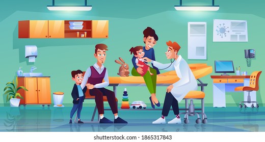 Children with parents at pediatrician office, modern furniture and medical equipment. Vector doctor with stethoscope examining girl on mothers hand, father and boy waiting for pediatric checkup