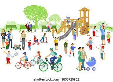 Children with parents in the playground