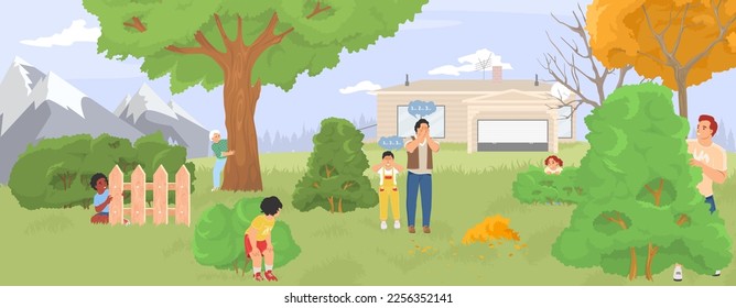 Children and parents playing hide and seek game in garden vector illustration. Happy family spending time together peeking, looking out, searching each other