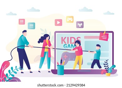 Children and parents pull rope. Parents ask kids to study, teenagers want to play video games. Internet, gaming and cyber addiction. Problems of psychology and time management. Vector illustration