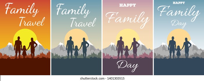 Children with parents. Silhouette of father, mother and daughter on background of adventure landscape and mountains. Family in nature at sunset. Concept with text Happy Family Day and Travel.