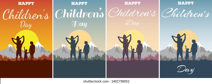 Children with parents. Silhouette of father, mother, son and daughter on background of adventure landscape and mountains. Concept with text Happy children's day. Family in nature at sunset.