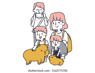 Children And Parents Watching Over Small Animals (capybaras) At The Zoo Comical Handwritten Person Vector, Warm