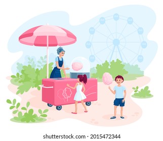 Children in the park buy cotton candy from a saleswoman with a mobile cart. Cartoon vector illustration isolated on white background