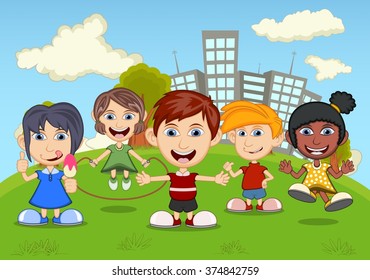 Children in the park cartoon vector illustration