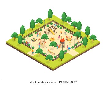 Children Park Concept 3d Isometric View for Web and App Design. Vector illustration of Outdoor Kid Playground