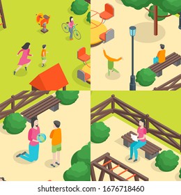 Children Park Concept Banner Set 3d Isometric View . Vector illustration of Outdoor Kid Playground