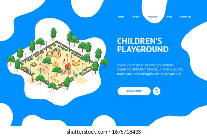 Children Park Concept Landing Web Page 3d Isometric View . Vector illustration of Outdoor Kid Playground