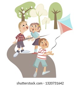 children in the park fly a kite