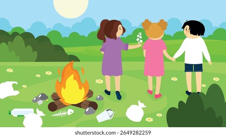 Crianças no parque perto da fogueira. Ilustração vetorial em estilo plano