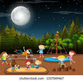 Children in park night scene illustration