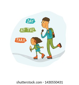 Children in the Park spend their leisure time outdoors-roller skating and eating ice cream. Cartoon colorful vector illustration.