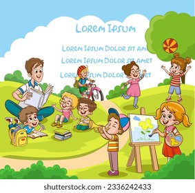 Kinder im Park, Sommerlager. Babysitter, Lehrer, Mama liest Buch für Kinder. Mädchen zeichnen die Aquarell.Gruppe Kinder spielen, Zeit in Spielen verbringen, Spaß haben, herumspielen.