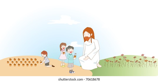 Children participate with god to grow plant.