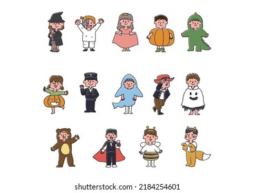 Children participating in a Halloween party (color) Comical hand-drawn characters Vector, warm line drawing