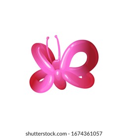 Children party balloon pink butterfly toy shiny realistic vector illustration isolated on white background. Kids birthday entertainment or amusement park rubber bubble.