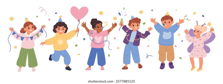 Children party. Birthday celebration. Happy kids dancing and jumping. Smiling faces. Excited boys and girls with confetti firecrackers. Holiday hoods and garlands. Garish