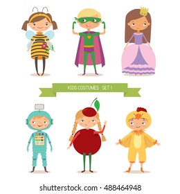 Children party costumes. Superhero, bee, princess, robot, cherry and chicken. Cartoon vector illustration 