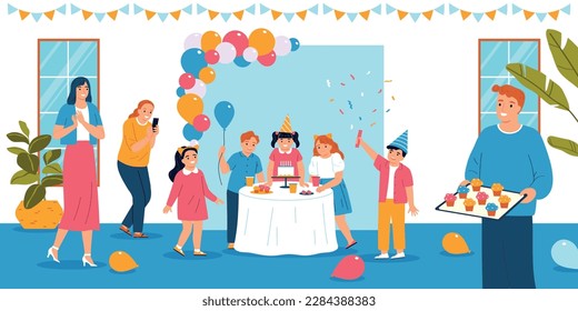 Children party flat concept with happy children celebrating friend birthday vector illustration