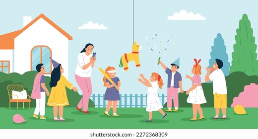 Children party flat concept with kids punching pinata vector illustration