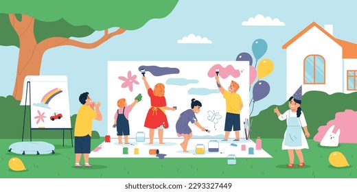 Children party flat concept with kids painting together outdoors vector illustration